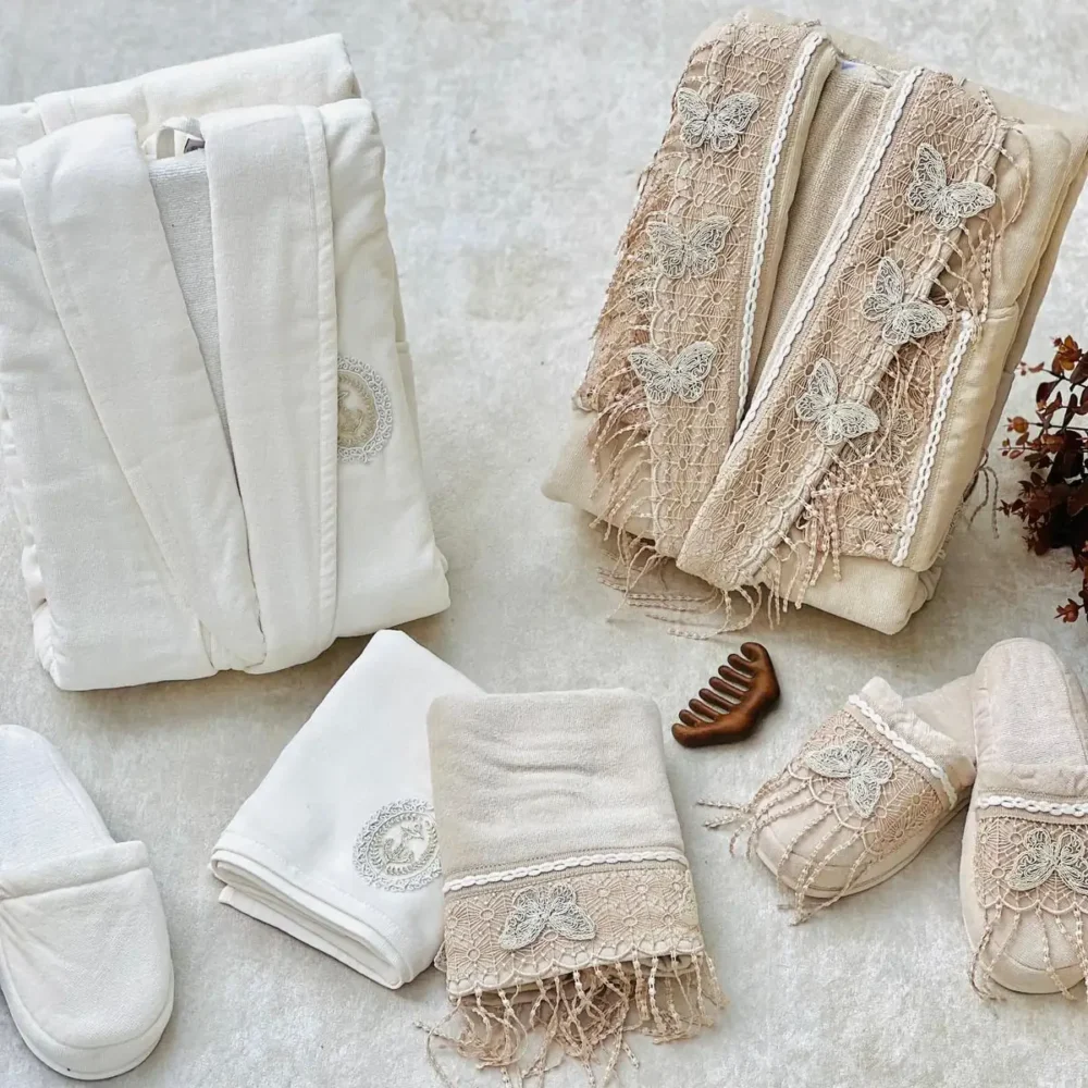 Beige Butterfly Bath Robe Set
